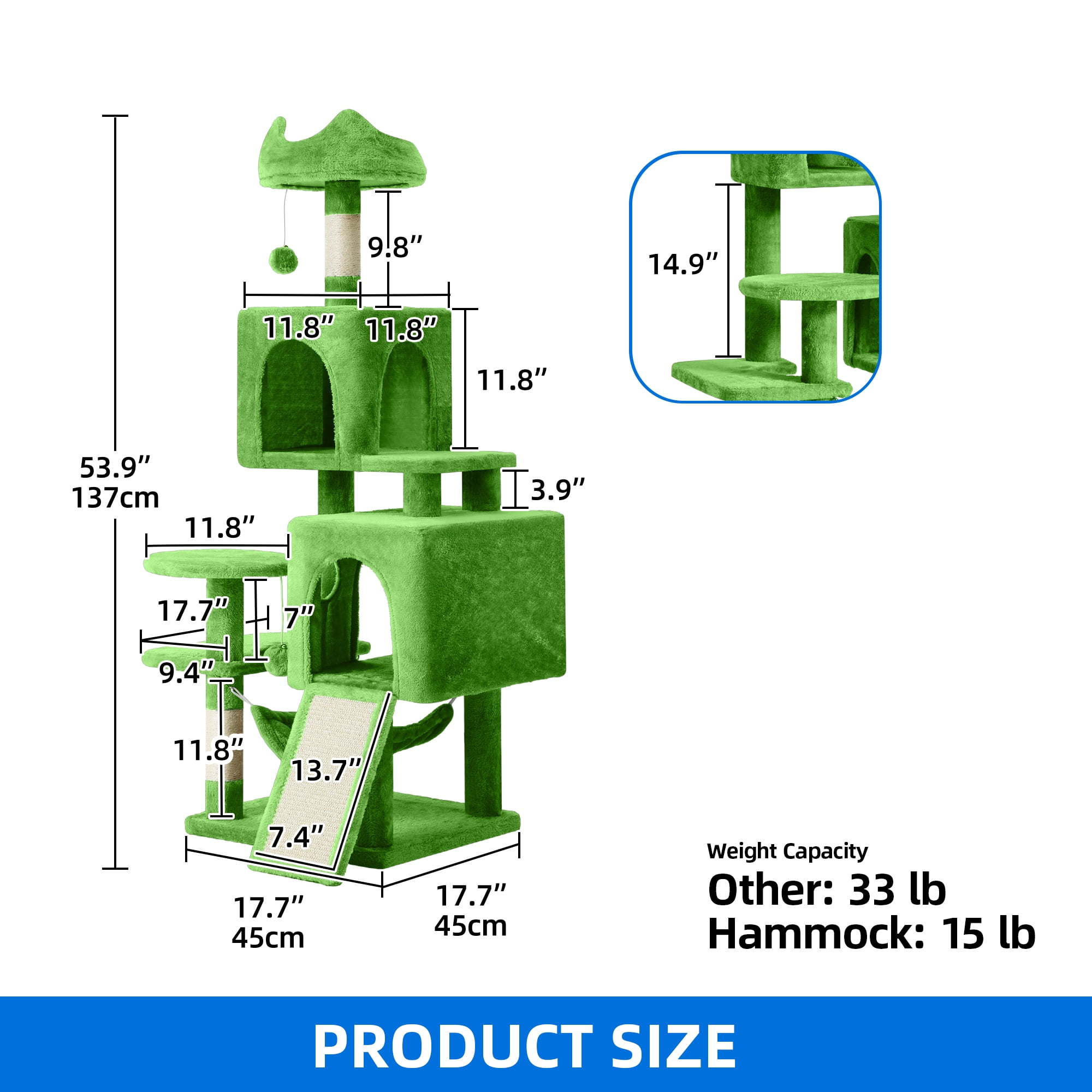 Dextrus 54" Multi-Level Cat Tree Tower with Cat Condos, Plush Top Perches, Hammocks, Sisal Scratching Post Board, Indoor Cat Activity Center,Green