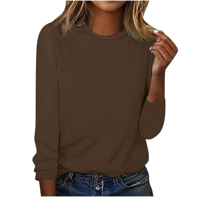 AherBiu Womens Long Sleeve Tops Crewneck Basic Layer Top Tee Tshirts Solid Color Dailywear