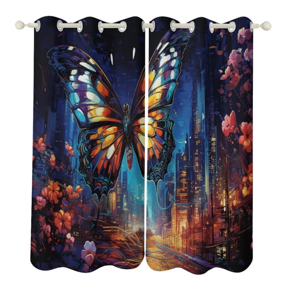 Blackout Curtains for Bedroom Wildflowers Butterfly Full Room Darkening Grommet Curtains for Living Room,Thermal Insulated Ombre Drapes