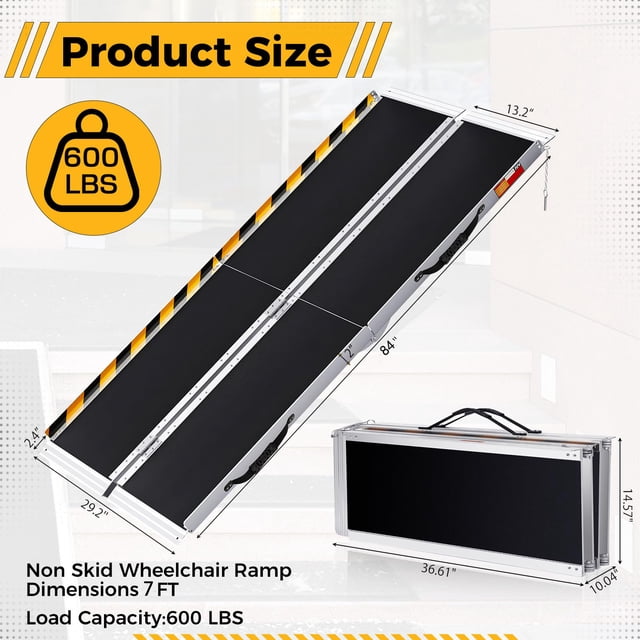 7FT Folding Aluminum Wheelchair Ramp – 600lbs Capacity, Portable, Non-Slip Threshold, Lightweight, Reflective Transition Plate – For Steps, Stairs, Cars, Doors – Anti-slip Black Leather | 7 feet
