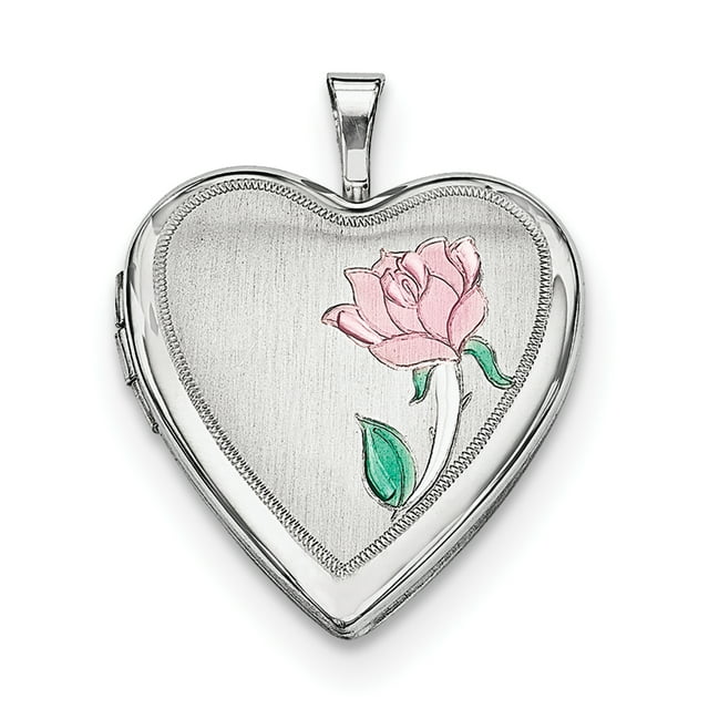 Médaillon Cœur Fleur Émaillée Plaqué Rhodium en Argent Sterling 20mm QLS323 (25mm x 20mm)
