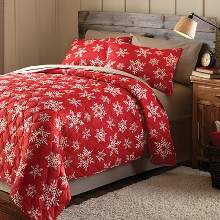 Mainstays Holiday Snowflake Printed Bedding Quilt Set Red