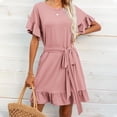 thumbnail image 1 of LOVZFMLL Robe Tunique Décontractée à Manches Courtes pour Femmes, Été, Taille Nouée, Double Couche, Col à Volants, Unie, Rose P, 1 of 4