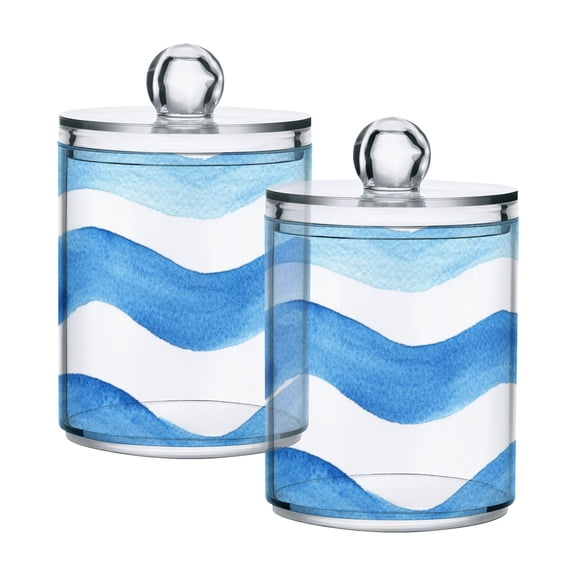 Blue Wavy Line Watercolor Translucent Plastic Cans Storage Canisters with Lid Set of 2