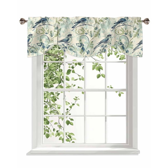 Watercolor Blue Green Bird Tie Up Valances Curtain, Leaf Green Brach Vintage Kitchen Valances for Windows Decor, Rod Pocket Short Curtains Set for Bedroom/Bathroom, 42"x18"