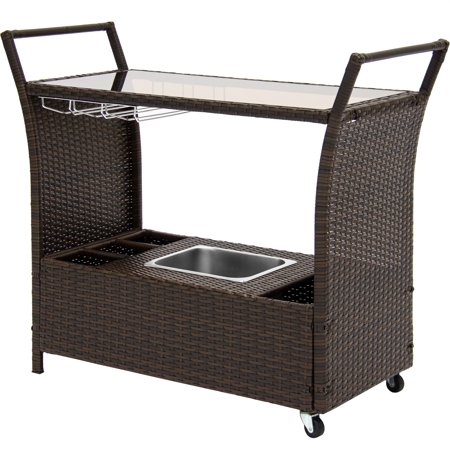 Best Choice Products Rolling Outdoor Wicker Bar Cart with Removable Ice Bucket, Glass Countertop, Wine Glass Holders, and Storage Compartments, (Best Outdoor Stores Usa)