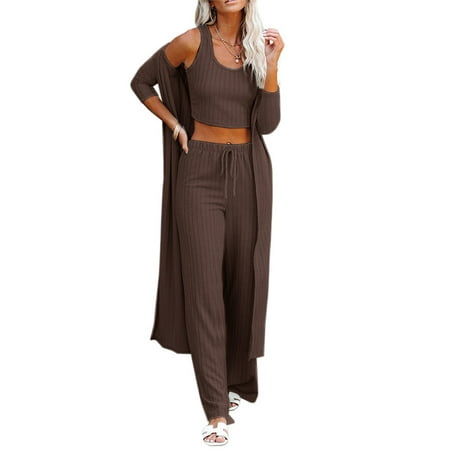 

Dellytop Womens Solid Color Fall Knitwear 3 Piece Loungewear Set