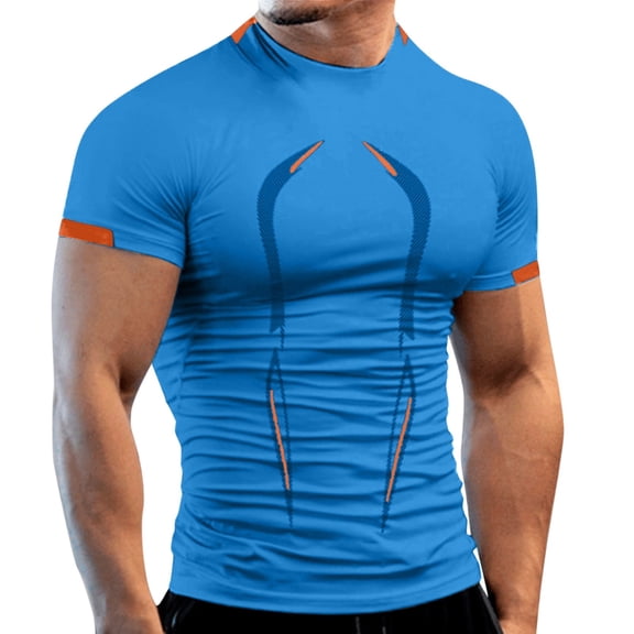 Sngxgn Men Mens T Shirts Short Sleeve Slim Fit Stretch Workout Ribbed Knit Tee Shirts(Blue,XXL)