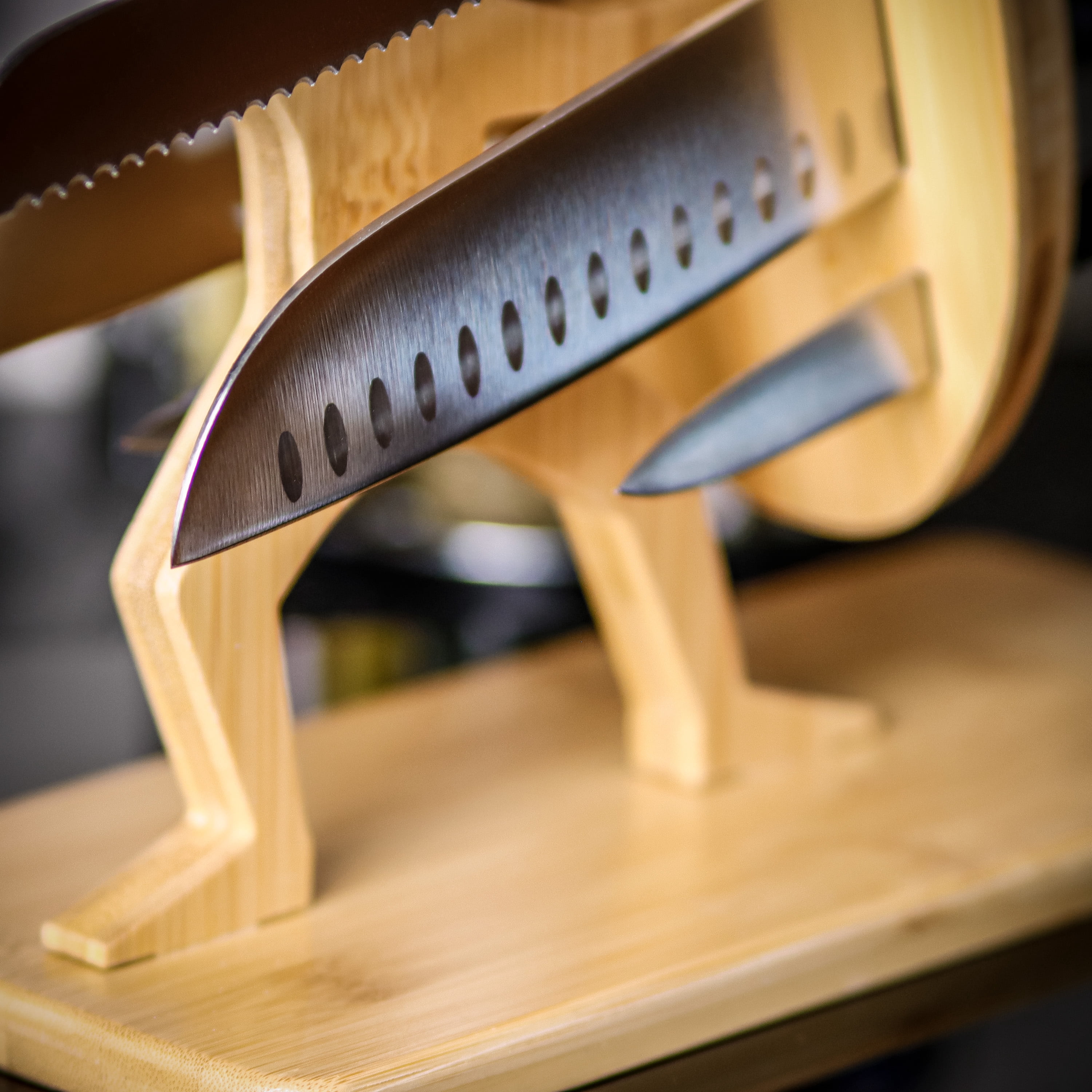Spartan Warrior Pine Wood Knife Block Holder with 6 Knives and Sharpener