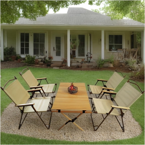 JERFIT 4-Piece Folding Table and Chairs Set, Portable Roll Top Dining Table with 4 Folding Chairs for Camping, Outdoor Patio, Indoor Kitchen, Natural Wood