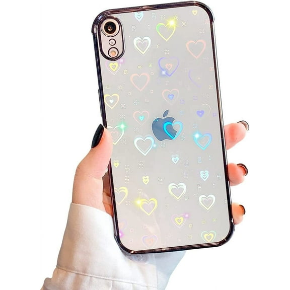 Compatible with iPhone XR Case with Clear Luxury Plating Glitter Heart Pattern for Women Girls Fashion Soft Slim TPU Cases for iPhone XR-Black