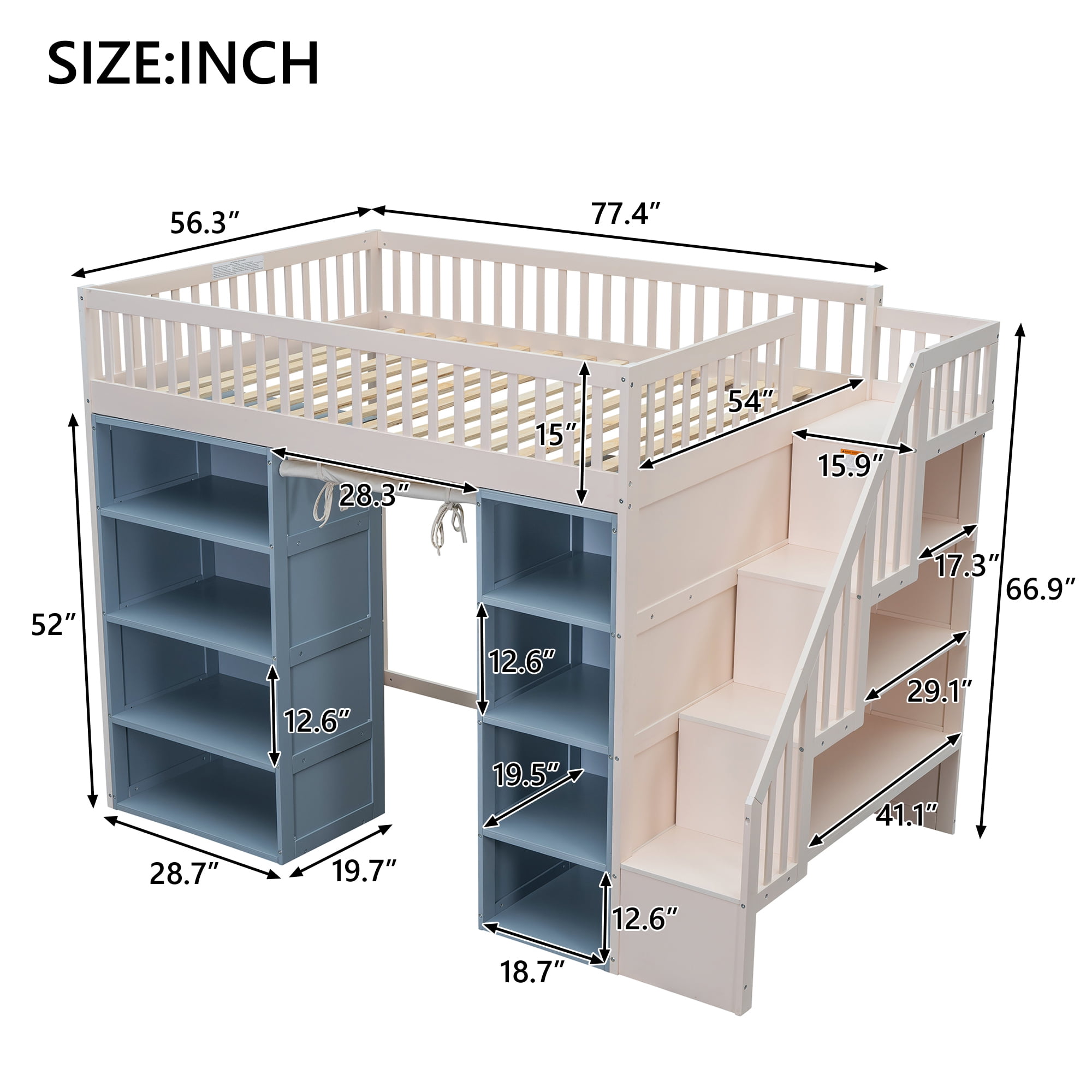 Euroco Wood Full Size Loft Bed with 2 Shelves and Storage Staircase, Curtain and Cabinetsfor Kids Teens