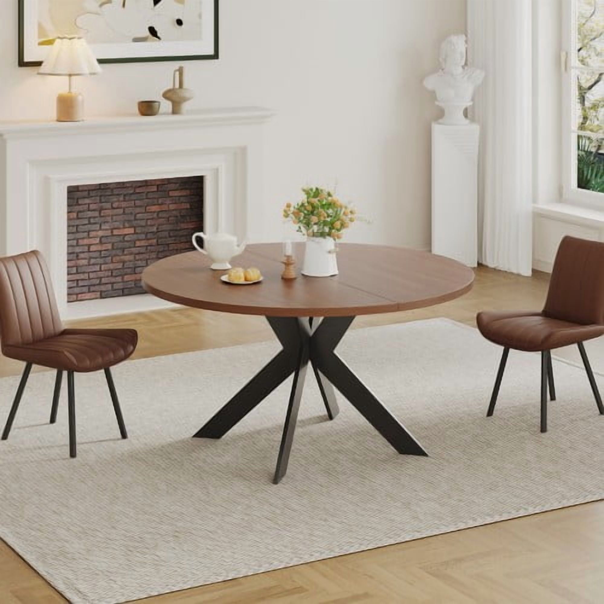Set of 2 Brown PU Leather Dining Chairs, Modern Breathable Kitchen Chairs with Metal Legs