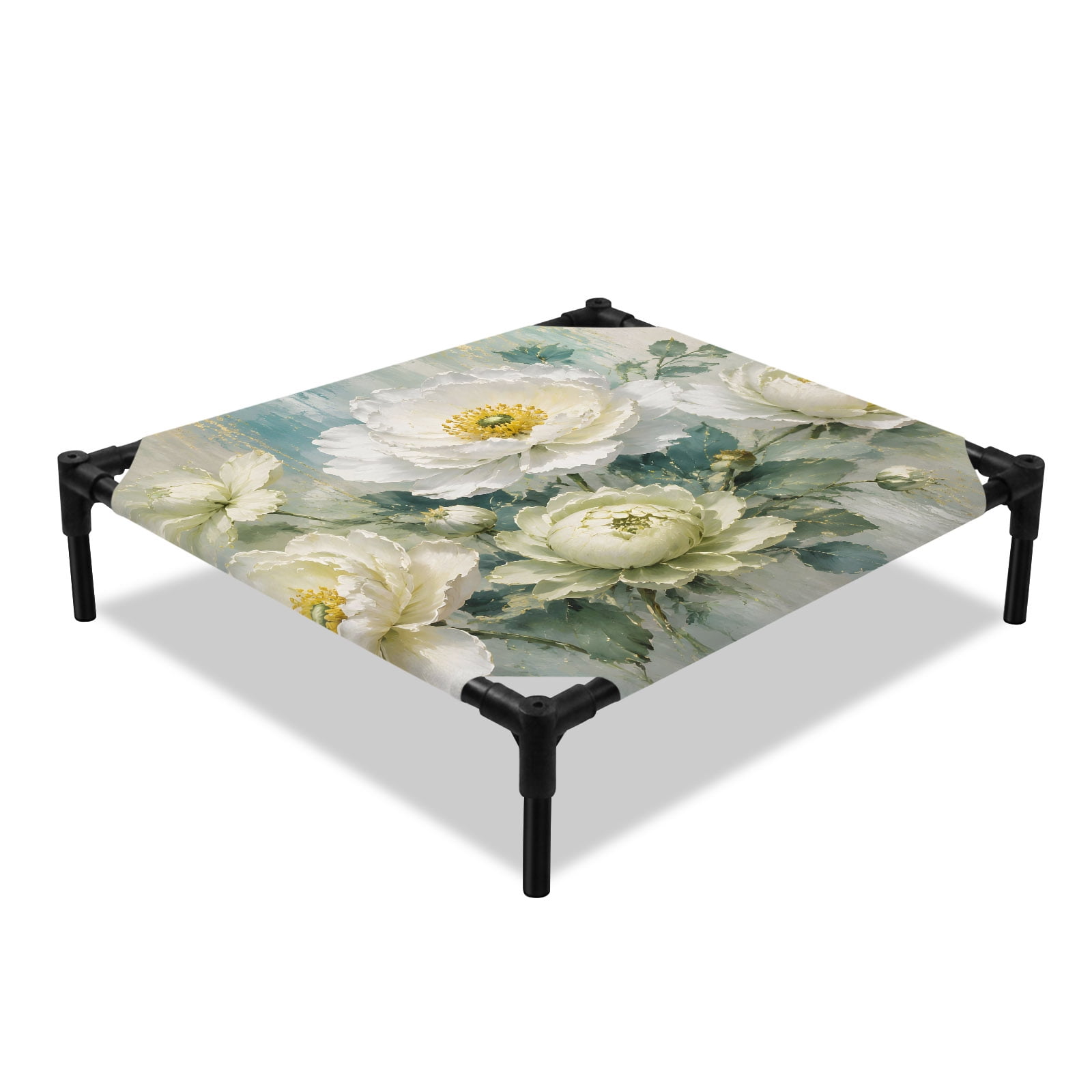 Ivory Rose Elevated Dog Bed Rustic Vintage Floral Green Leaf Textured Plaster Cooling Breathable Outdoor Raised Dog Cot Bed with Metal Frame Non-Slip Feet for Small Dog 20x20in