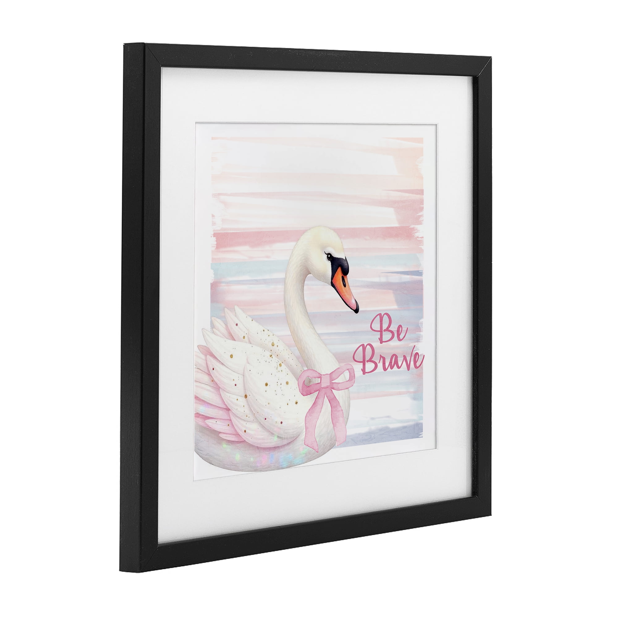 Be Brave Pastel Swan Black Framed Print Under Glass, design by Kim Allen