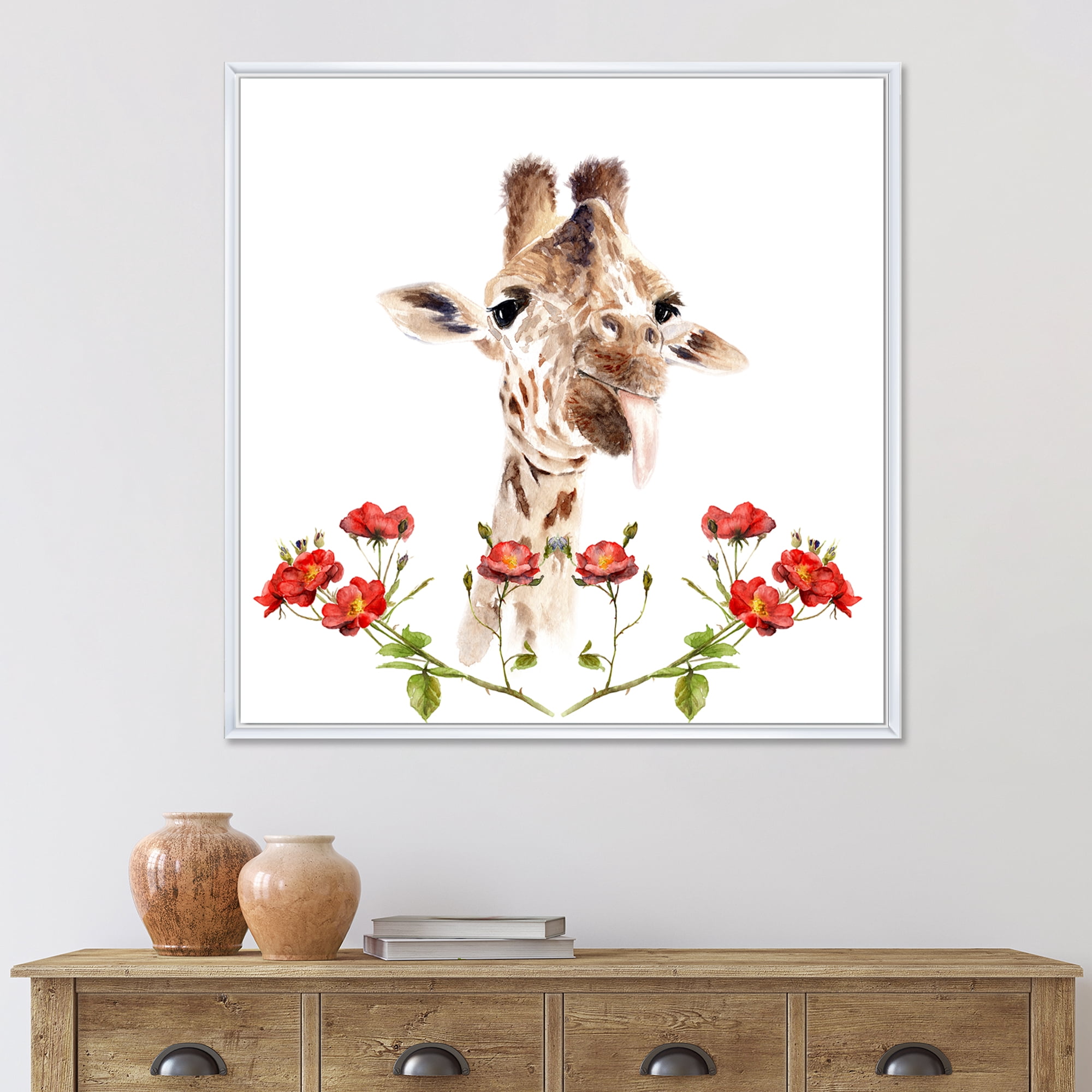 Designart 'Portrait of A Giraffe With Red Flowers I' Farmhouse Framed Canvas Wall Art Print