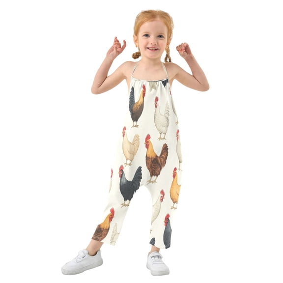 Girls' Jumpsuits Rompers Summer Casual Sleeveless Rompers With Pockets Spaghetti Strap Romper Chickens Pattern 1T