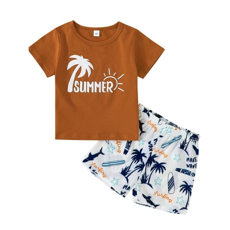 

Karuedoo Little Boys Summer Outfit Letter Print Short Sleeve T-Shirt Coconut Tree Shorts Beach Clothes Set