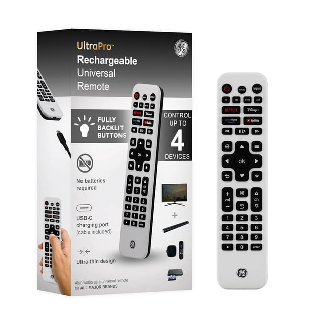 Control Remoto Universal GE 80984 Recargable Retroiluminado para 4 Dispositivos TV Samsung LG Sony Roku