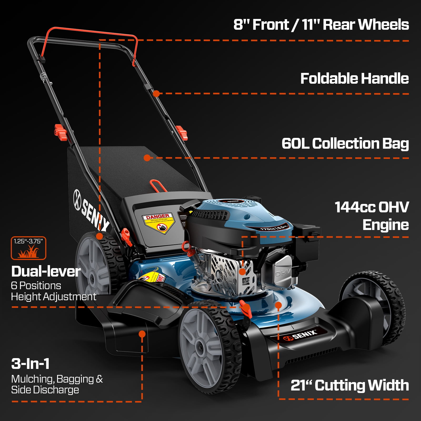 SENIX 4-Tool Combo Kit, 21" 144cc Push Lawn Mower, 410 CFM 26.5cc Leaf Blower, 17" 26.5cc String Trimmer & 18" 15Amp Chainsaw, LM14-B4QL-GTS4QL-CSE15-M