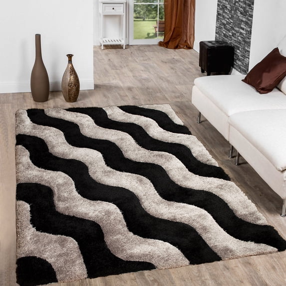 Allstar Grey Shaggy Area Rug with 3D Black Wavy Design. Contemporary Formal Tween Hand Tufted (7' 6" x 10' 5")