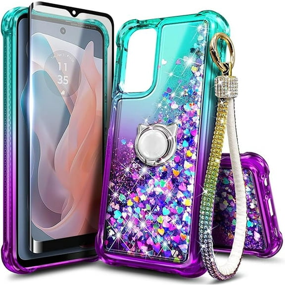 Compatible with Samsung Galaxy A53 5G Case with Tempered Glass Screen Protector, Ring Holder/Wrist Strap, Nagebee Glitter Liquid Floating Waterfall Cute Phone Cover (Aqua/Purple)