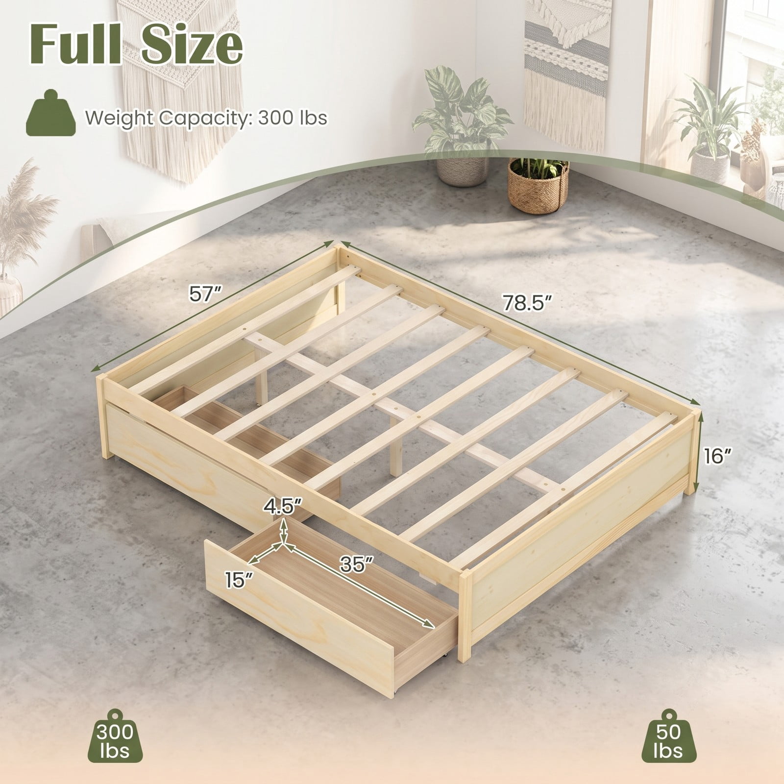 Furnibear Full Size Bed Frame with Storage, Wooden Platform Bed Frame with 2 Rolling Drawers, Full Bed Frame No Box Spring, Natural