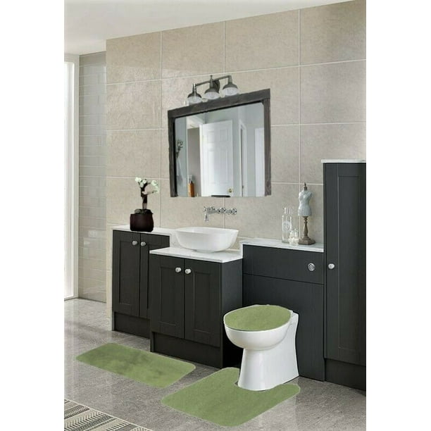 3 piece sage color bathroom bath mat set Includes, 1 Contour Mat, 1 Lid Toilet Cover, 1 Bath Mat