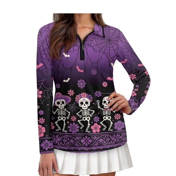 Jeiento Women's Golf Shirts, 1/4 Zip Casual Tops, Day Of Dead Stretchy Tennis Shirts, Long Sleeve, Moisture Wicking, Sun Protection, Perfect for Day Of the Dead Events and Outdoor Travel