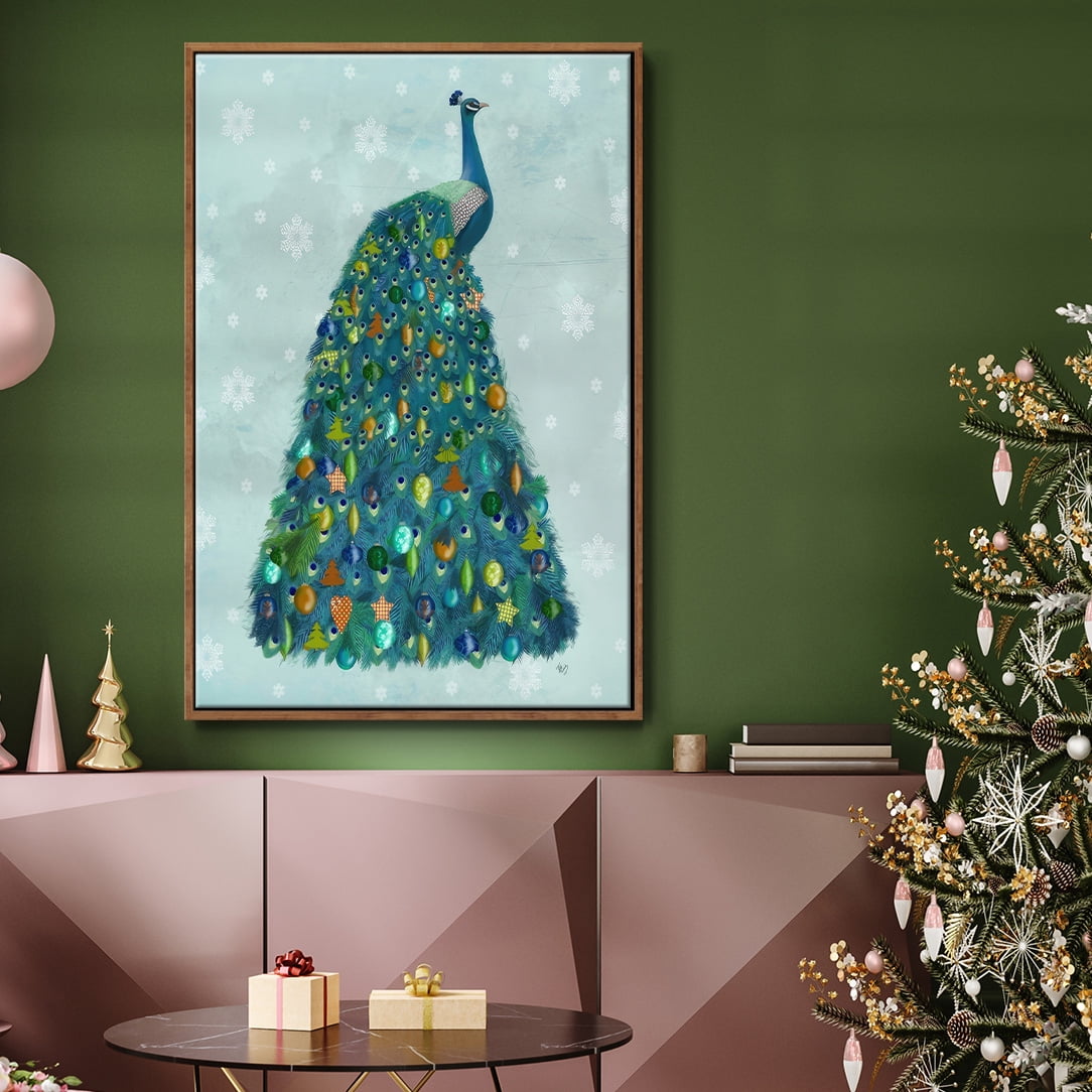 Christmas Peacock Christmas Tree - Framed Gallery Wrapped Holiday Canvas - 25 x 37 - Rosewood Frame