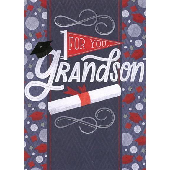 Designer Greetings Red Pennant, Diploma, Circles and Repeated Red Grad Caps Graduation Congratulations Card for Grandson