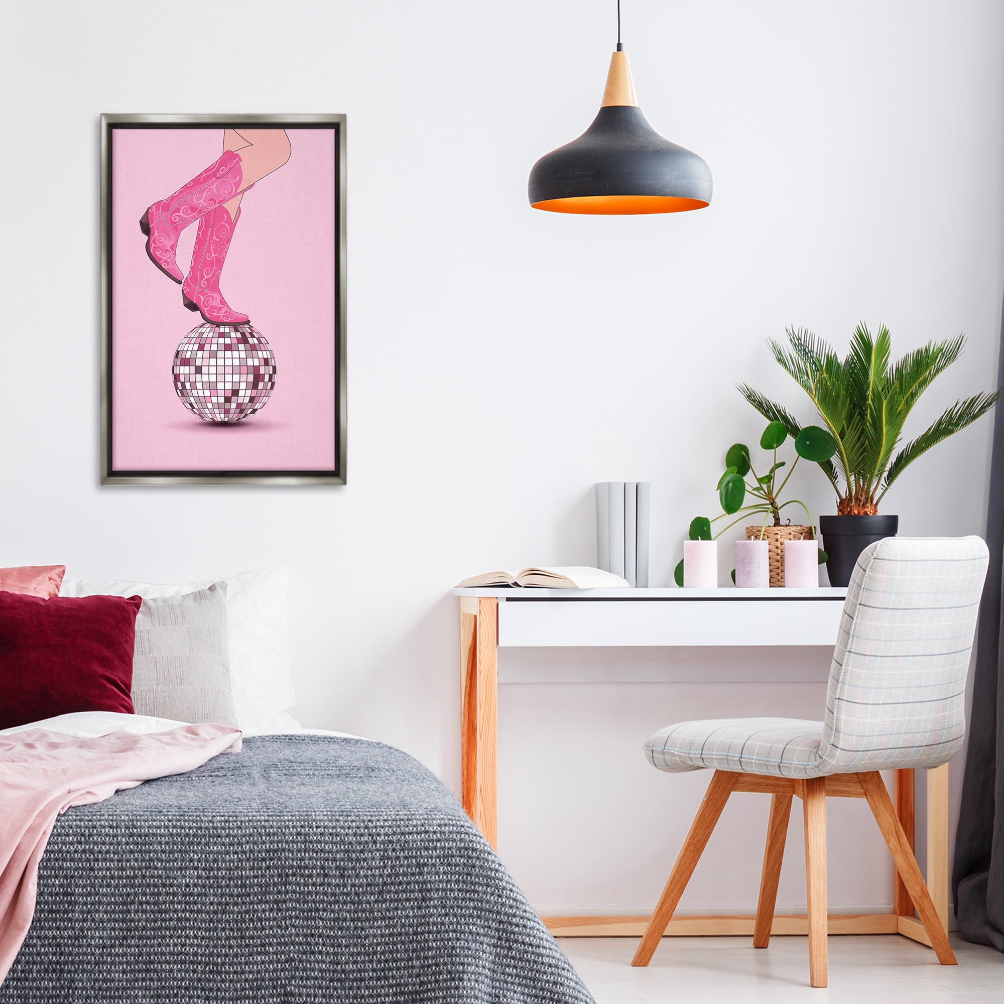 Stupell Industries Pink Cowgirl on Disco Ball People Painting Gray Floater Framed Canvas Art Print Wall Art, 21 x 31