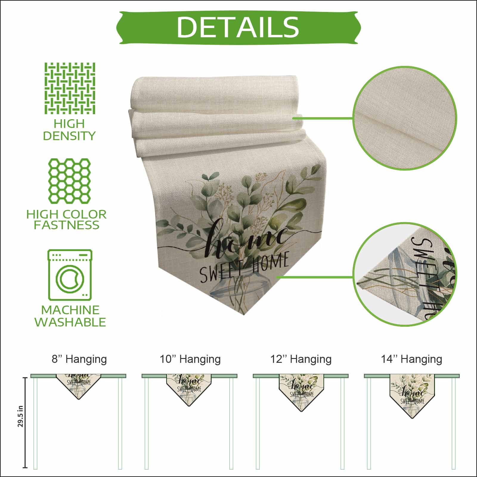 Spring Eucalyptus Leaves Table Runner Linen Burlap Table Runner 72 Inches Long Farmhouse Vintage Botanical Dresser Scarves for Kitchen Island Coffee Dining Room Party Wedding Holiday Decor 16"x72"