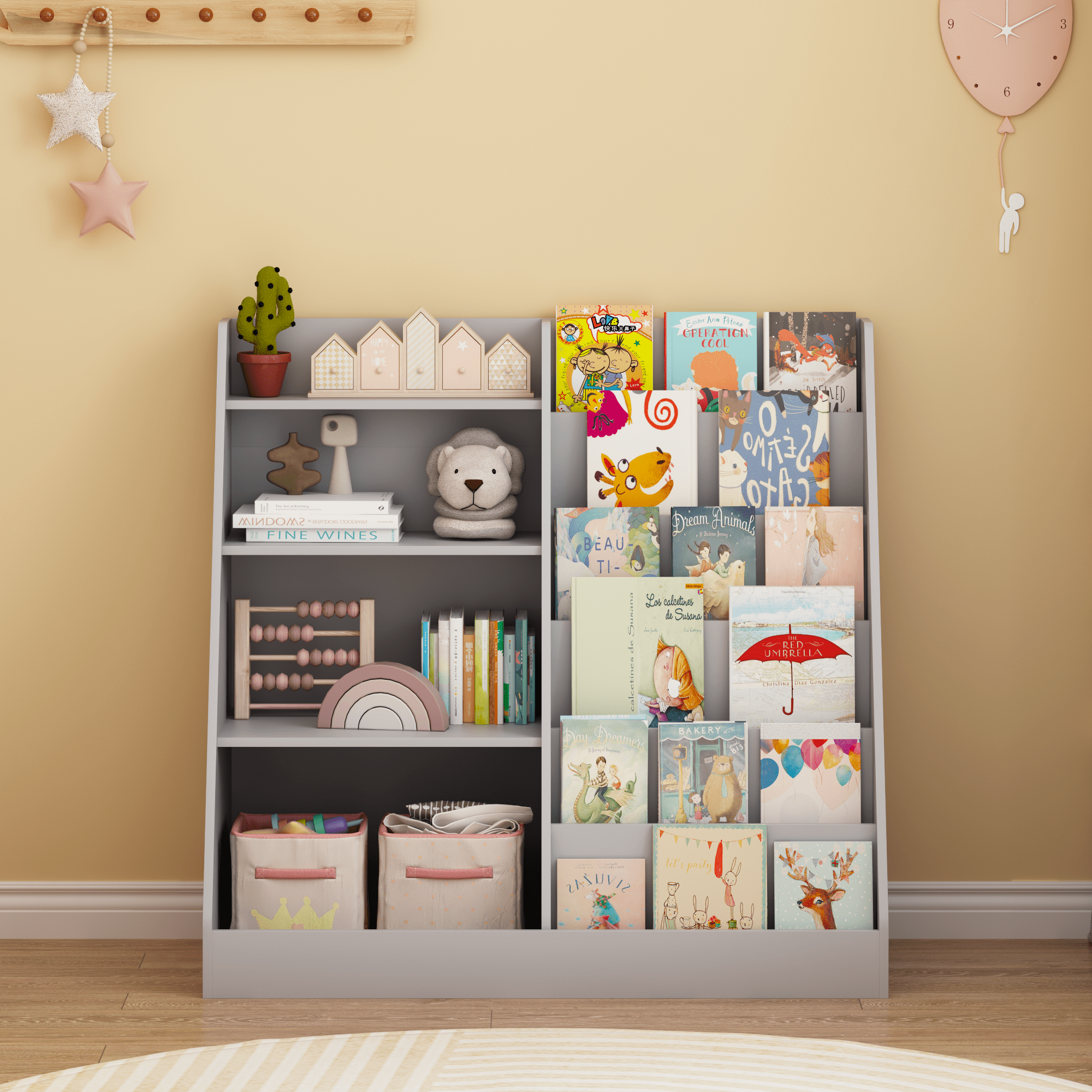 Kids Bookshelf and Toy Storage Organizer, Multifunctional 4 Tier Wooden Kids Book Shelf with Bookcase Display Stand in Kids Room Playroom Nursery for Kids, Children, Toddlers (Gray)