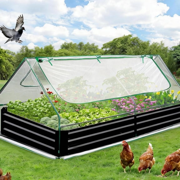 Accreate Galvanized Raised Garden Bed with Cover, 6x3x1 Ft Metal Planter Box with Screen Windows, Large Greenhouse Outdoor, Raised Planter Bed for Gardening, Flowers, Vegetables& Herbs