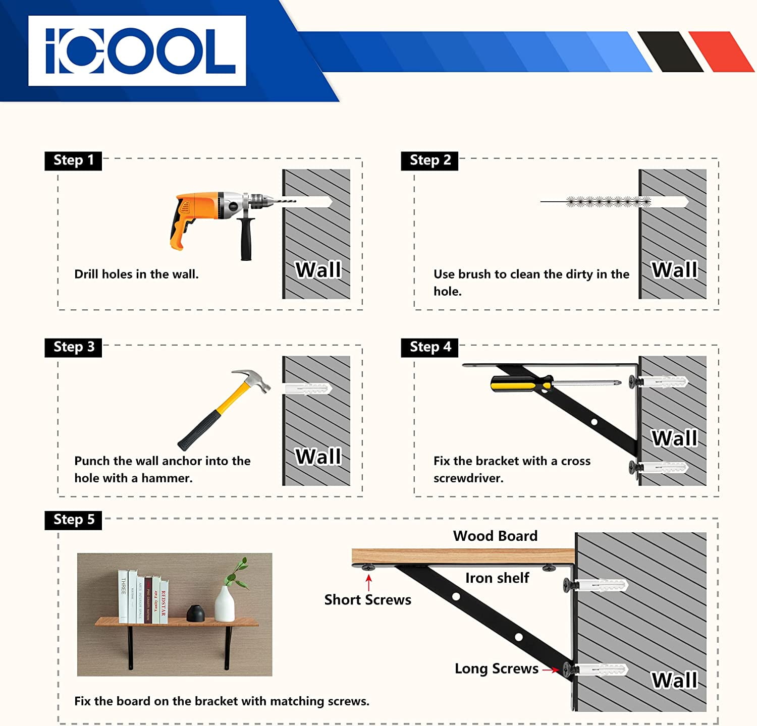ICOOL 10 Pack Heavy Duty Shelf Bracket 12 x 8 inch DIY Wall Floating Shelf Brackets for Home Warehouse Garage Farm Triangle Metal Shelf Supports with Screws
