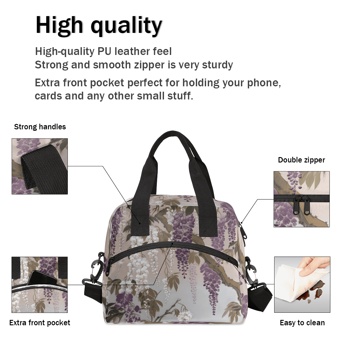 Herdesigns Floral Wisteria Insulated Lunch Bag for Women Men Adults Large Reusable Lunch Box Purple Flower Leakproof Cooler Tote Bags with Adjustable Shoulder Strap