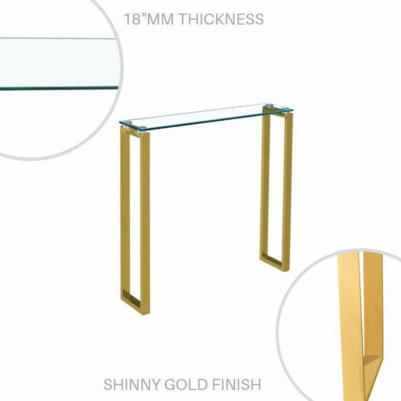 Table console Gyna de taille moyenne 8x36 avec plateau en verre et pieds dorés brillants pour entrée, couloir ou espaces de vie