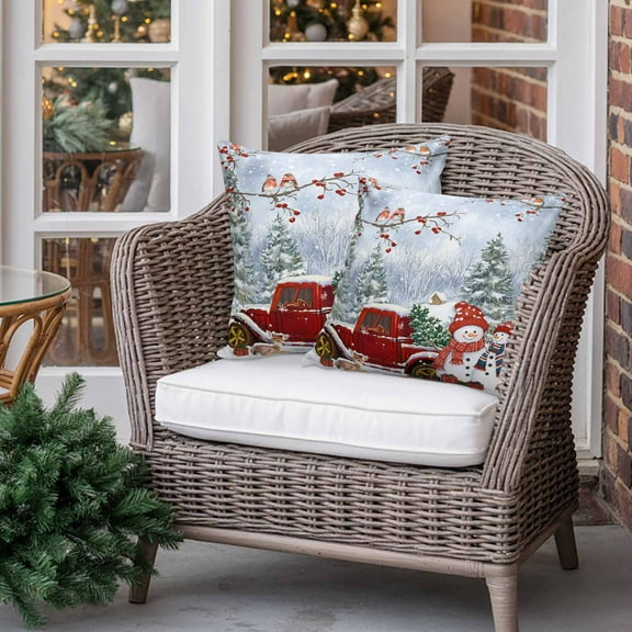 Outdoor Waterproof Pillow Covers Merry Christmas Snowman Red Truck Decorative Throw Pillow Protectors for Patio Sofa Garden Couch,18x18in 2 Pack