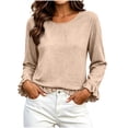 thumbnail image 3 of Women's Solid Color Crew Neck Loose Casual Tops Long Sleeve Smocked Cuffed Ruffle Collar Blouses, 3 of 7