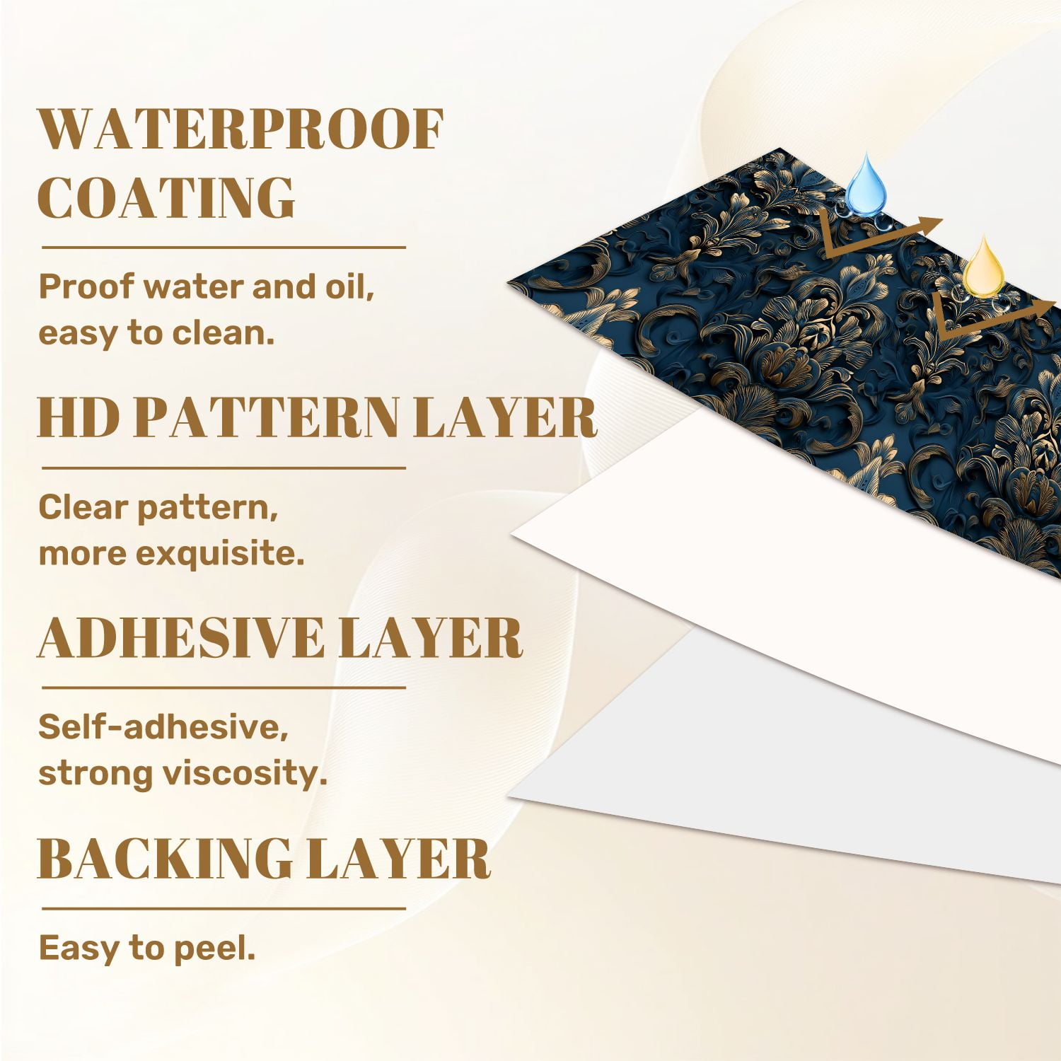 Peel and Stick Wallpaper Luxurious Baroque Floral Deep Blue Gold Embossed Style Wall Mural 17.7in x 9.8ft Self Adhesive Removable Wall Paper Renter Friendly Wallpaper for Nursery Bedroom Cabinets