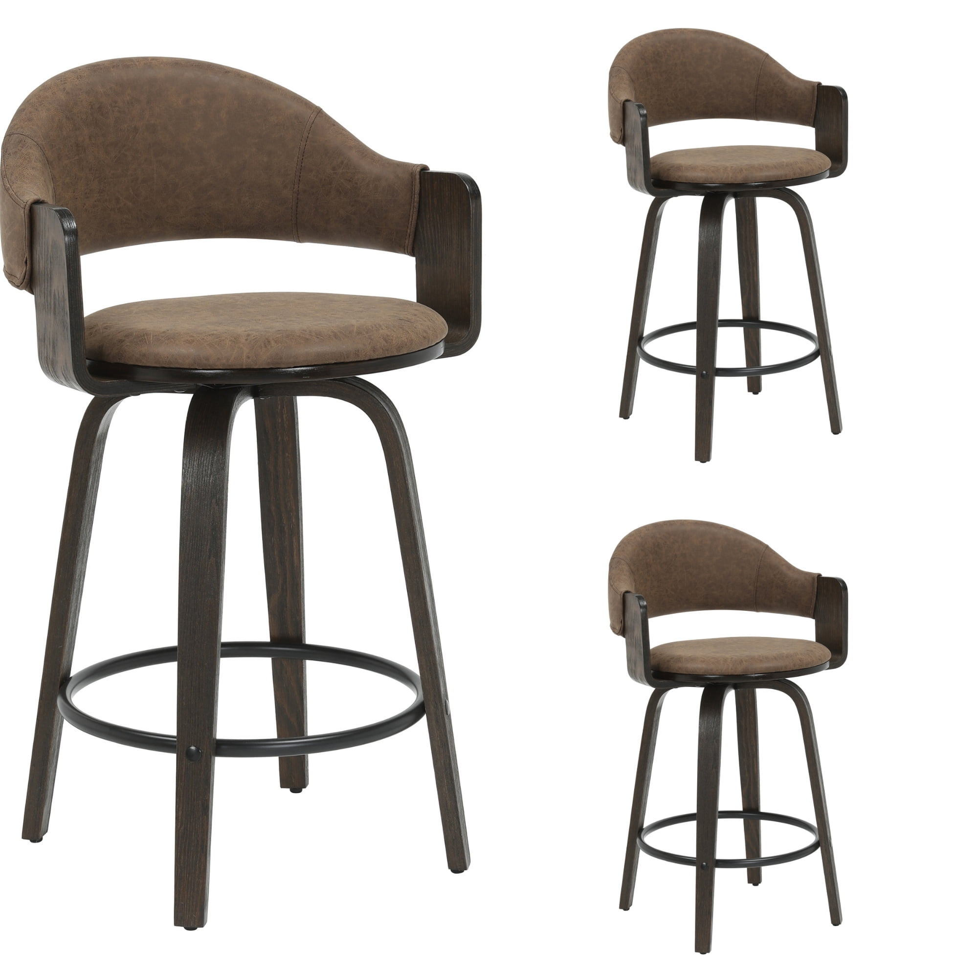 Daxton 36 in. H Swivel Counter Height Vintage Dark Brown Round Back Wood Bar Stool with Faux Leather Seat Set of 3