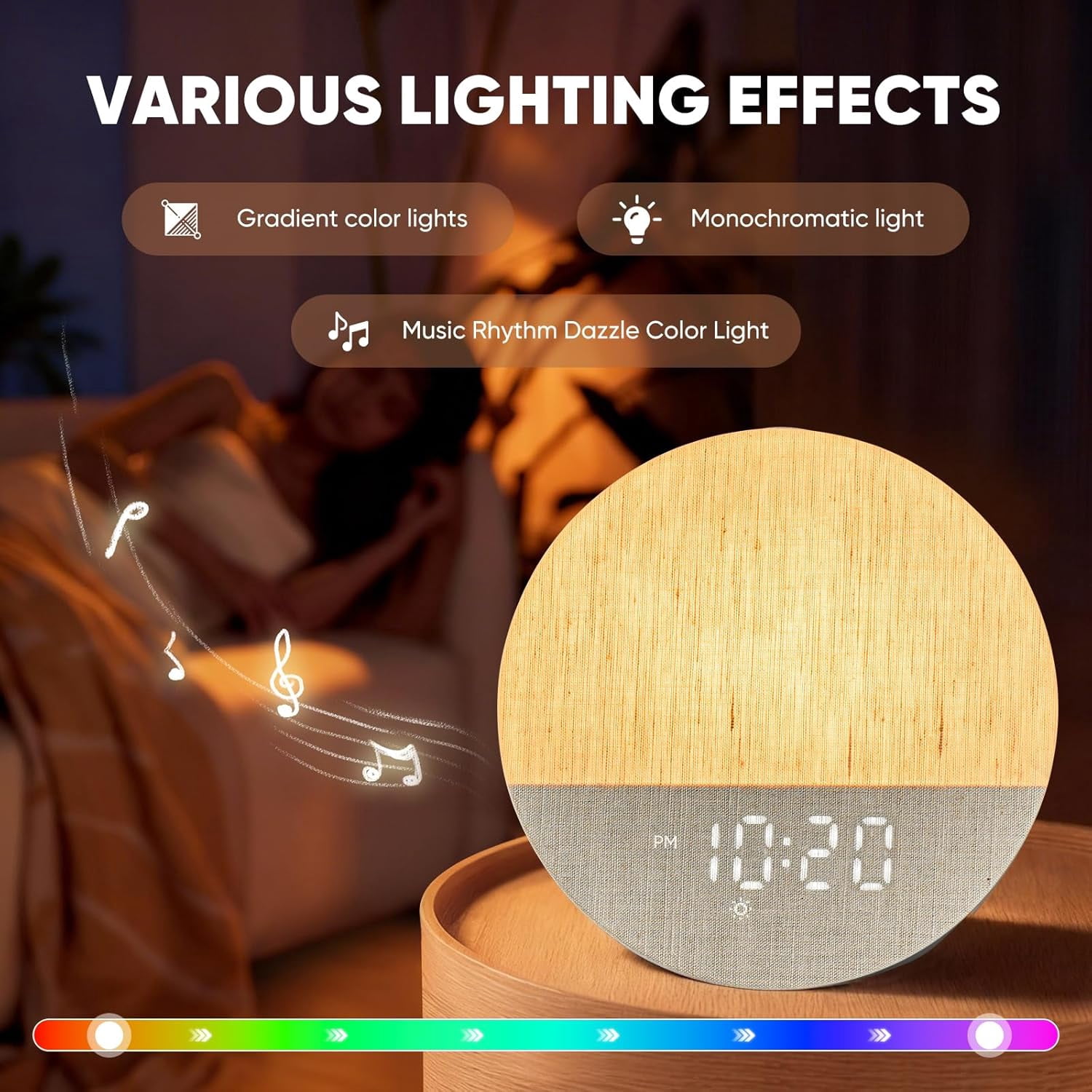 Clock Fabric Dimmable Night Light for Heavy Sleepers, Sunrise Wake Up Light, White Noise Machine for Baby, Dual Alarm Function 30 Sleep Sounds, with 17 Light Effects