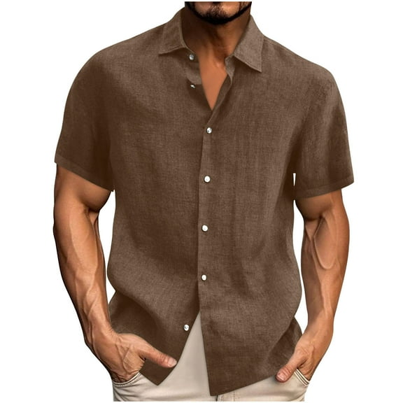 RYRJJ Cotton Linen Shirts for Men Casual Lightweight Short Sleeve Button Down Shirts Summer Vacation Beach Shirt(Brown,5XL)