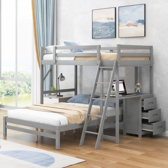 Grey Twin over Full Bunk Bed - Features Built-in Desk & Three Drawers for Convenience