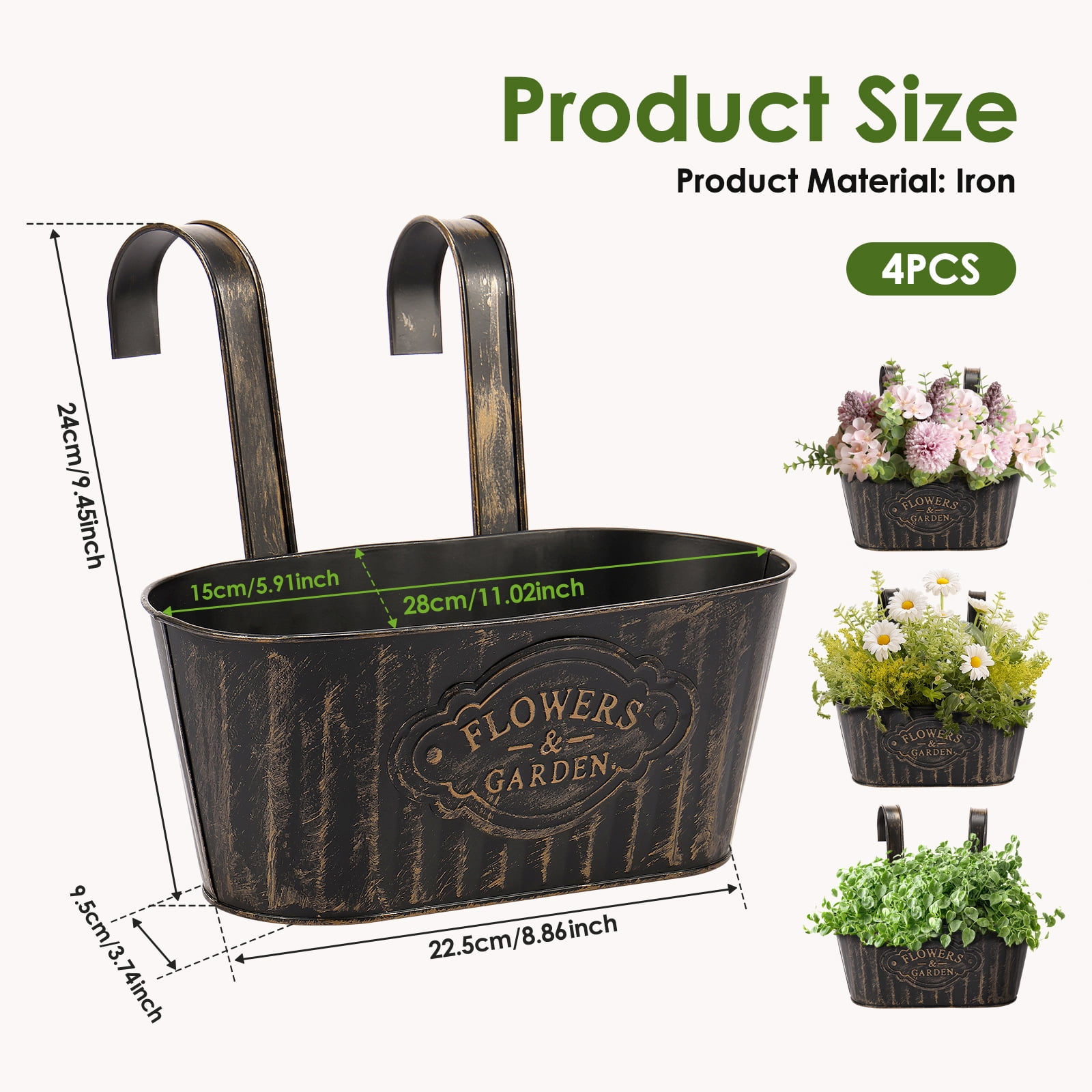 Keyohome 4Pcs Hanging Flower Pots,Metal Wall Planter,Iron Bucket Planter with Detachable Hooks for Indoor Outdoor,Drainage,Rustproof,Black,10.6"