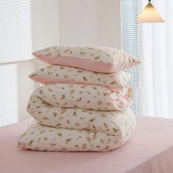 Floral 4 Piece Girls Toddler Bed Comforter Set Pink Flower Reversible Toddler Bedding Set Soft Baby Crib Bed Sheets Set in a Bag | Include Quilt Comforter,Flat Sheet,Fitted Sheet,Pillowcase