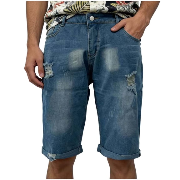USNSM Men's Distressed Jean Shorts Ripped Bermuda Denims Casual Fitted Trendy Streetwear Elastic Waist Straight Shorts Pants Blue XL