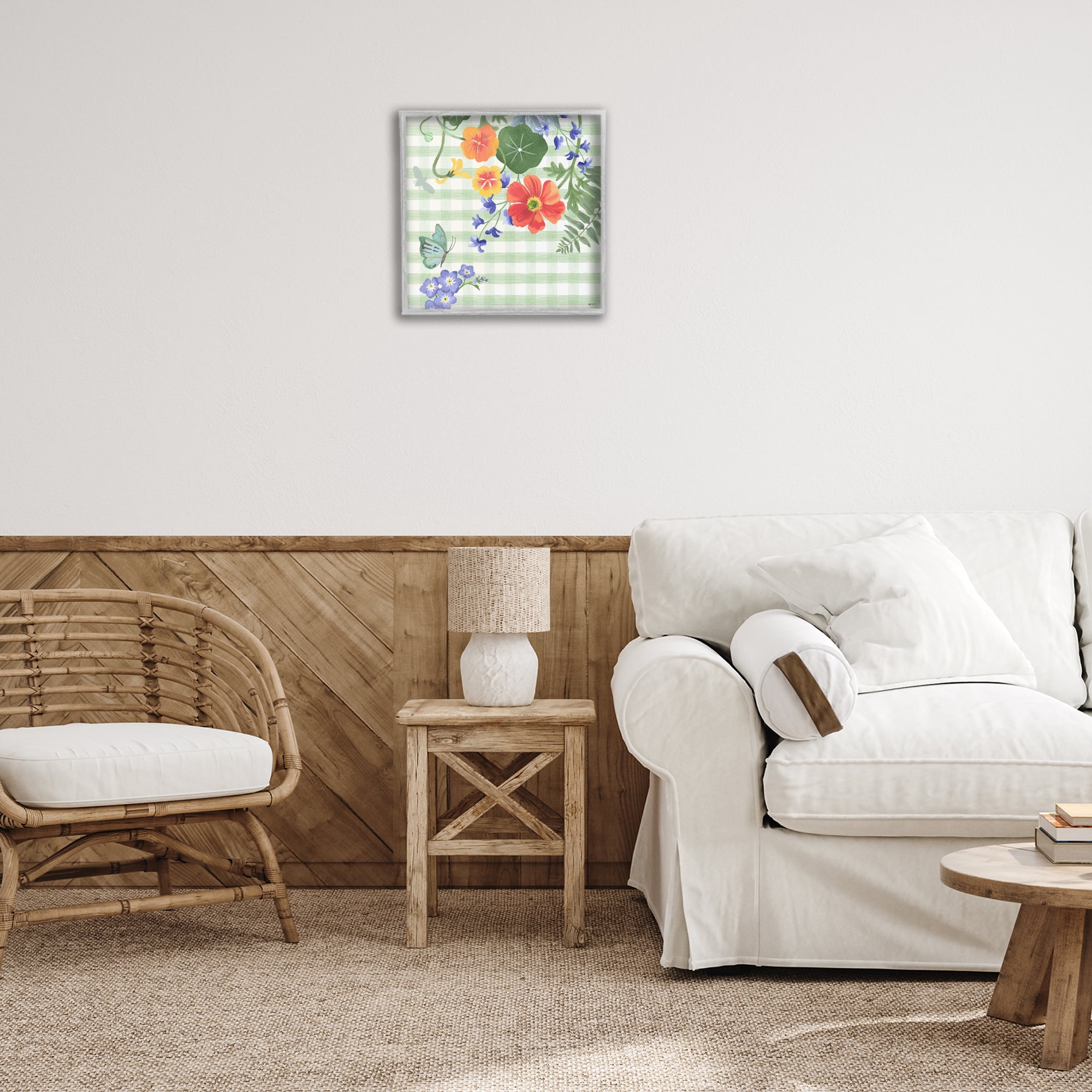 Stupell Industries Green Gingham & Poppies Botanical & Floral Painting Gray Framed Art Print Wall Art, 17 x 17