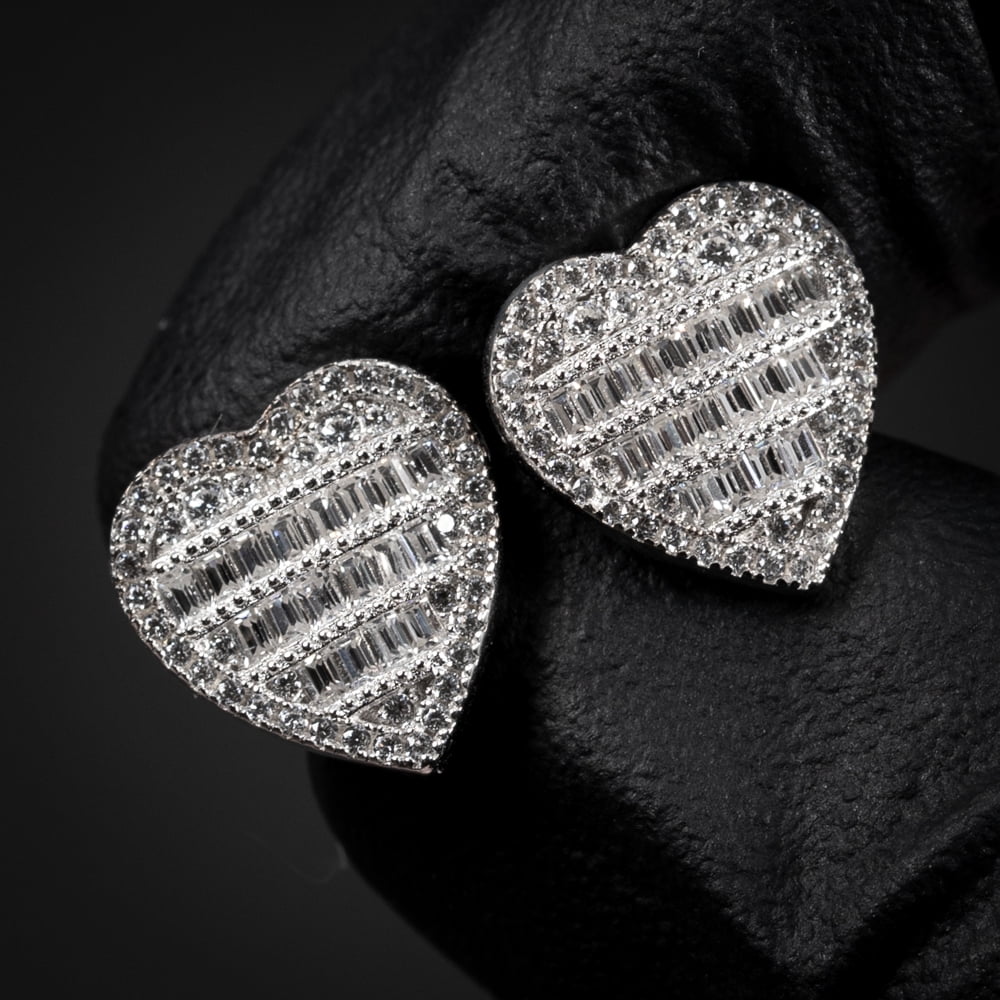 Women’s Cute White Gold 925 Sterling Silver Iced Baguette Heart Stud Screw Back Earrings